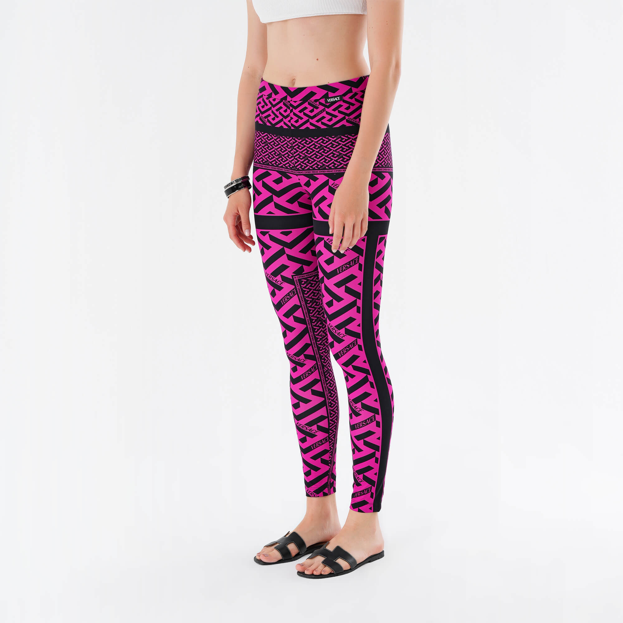 Versace - Fuschia & Black Logo-print stretch-jacquard leggings IT 42